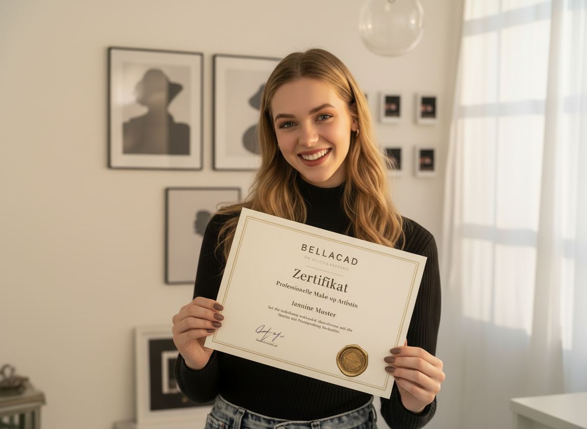 Absolventin hält stolz ihr Bellacad Zertifikat